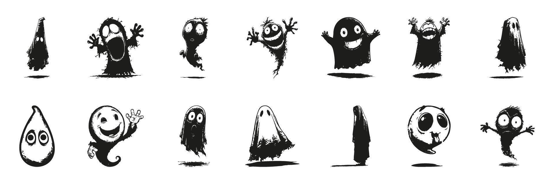 Ghost And Monster Silhouettes In Icon Set. Halloween And Spooky Character Symbol Collection. Festive And Decorative Use. Isolated Illustration vector