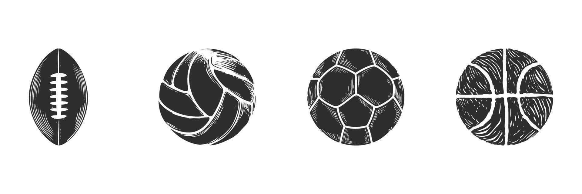 Sports Ball Silhouette Set. Football, Volleyball, Soccer, And Basketball Icons For Athletic Themes. Isolated Illustration Collection vector