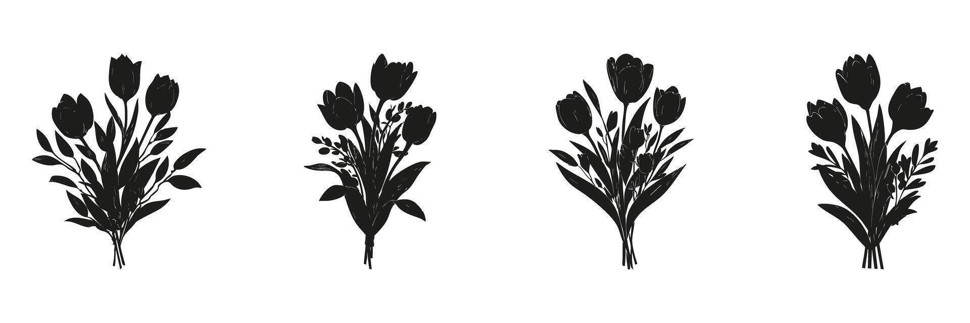 Floral Bouquet Silhouette Set. Botanical Arrangement And Nature Decoration Symbol Collection. Artistic And Design Use. Isolated Illustration vector