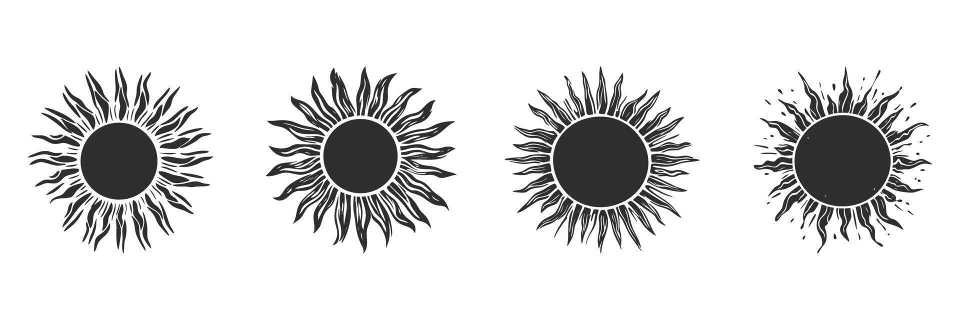 Sunburst Designs Silhouette Set. Artistic Sun Symbol Variations For Creative Projects Isolated Illustration Collection vector