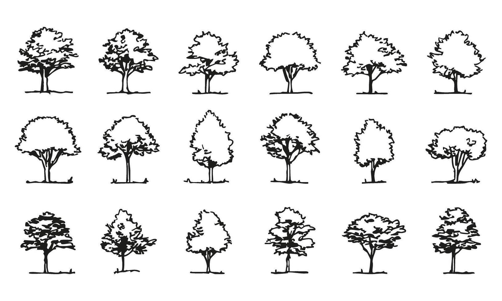 Black and White Tree Silhouettes Set. Architectural and Landscape Design Element Collection. Simplified Natural Forms for Planning. Isolated Illustration vector