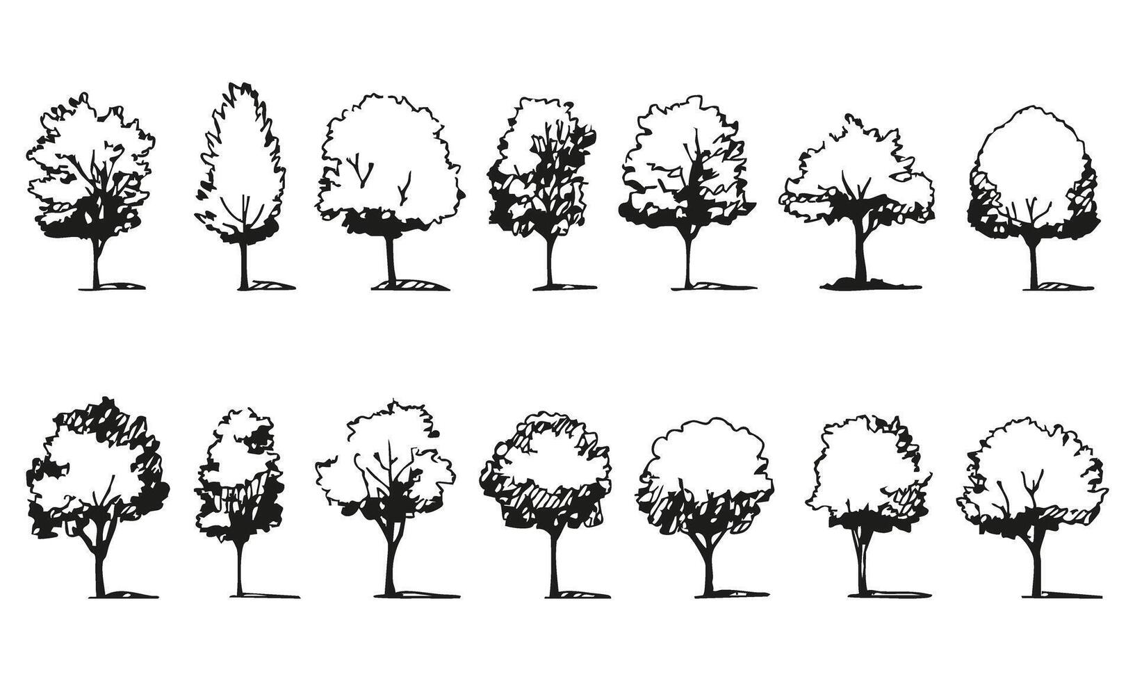 Black and White Tree Silhouettes Collection. Landscape Design and Architectural Planning Elements Set. Isolated Illustration vector