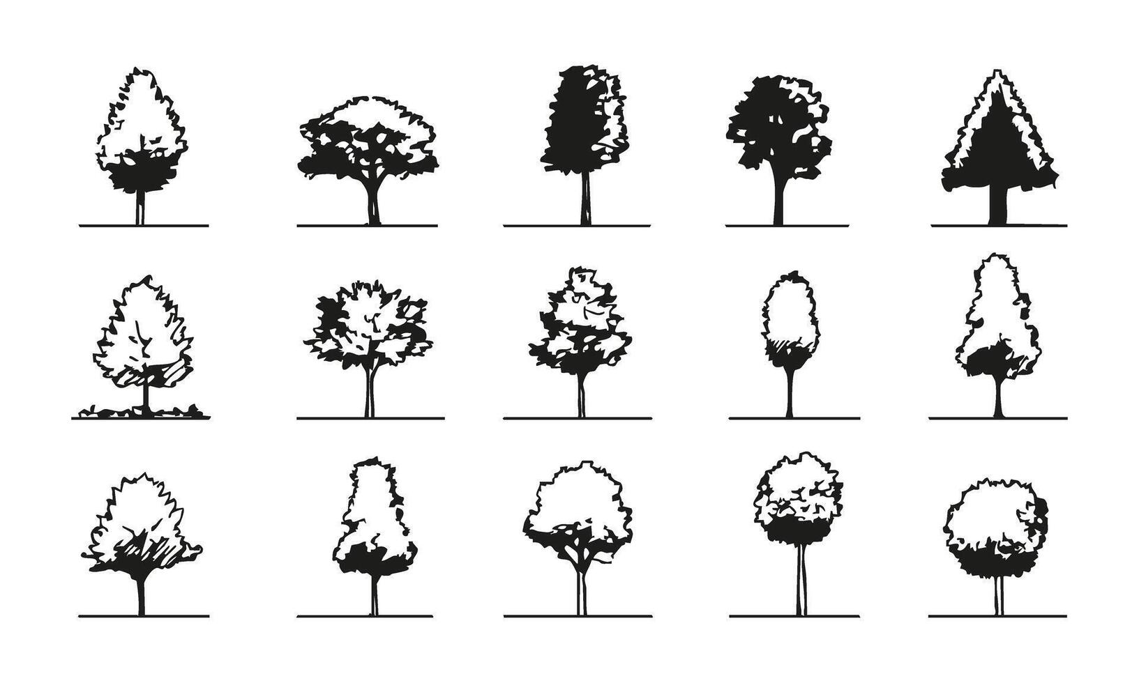 Black and White Tree Silhouette Set. Landscape Architecture and Environmental Design Resource Collection. Minimalist and Artistic Expression. Isolated Illustration vector