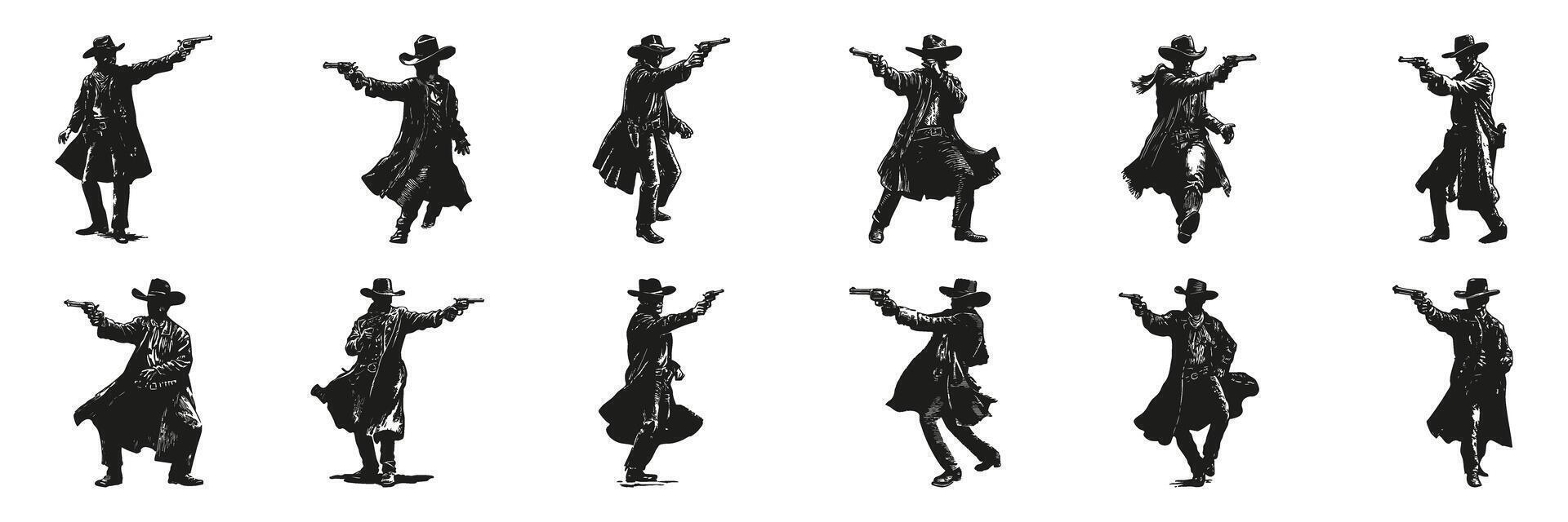 Cowboy Gunfighter Silhouettes In Icon Set. Western Action And Adventure Theme Collection. Entertainment And Historical Use. Isolated Illustration vector