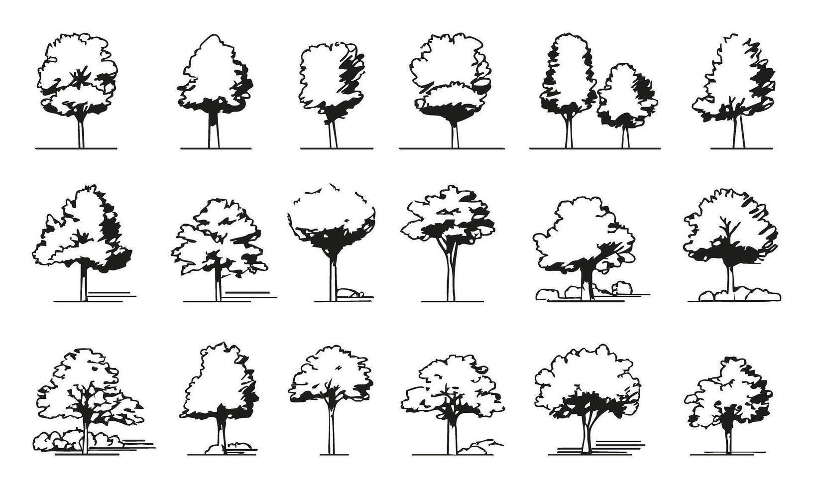 Black and White Tree Sketches Collection. Landscape Architecture and Urban Planning Design Element Set. Isolated Illustration vector