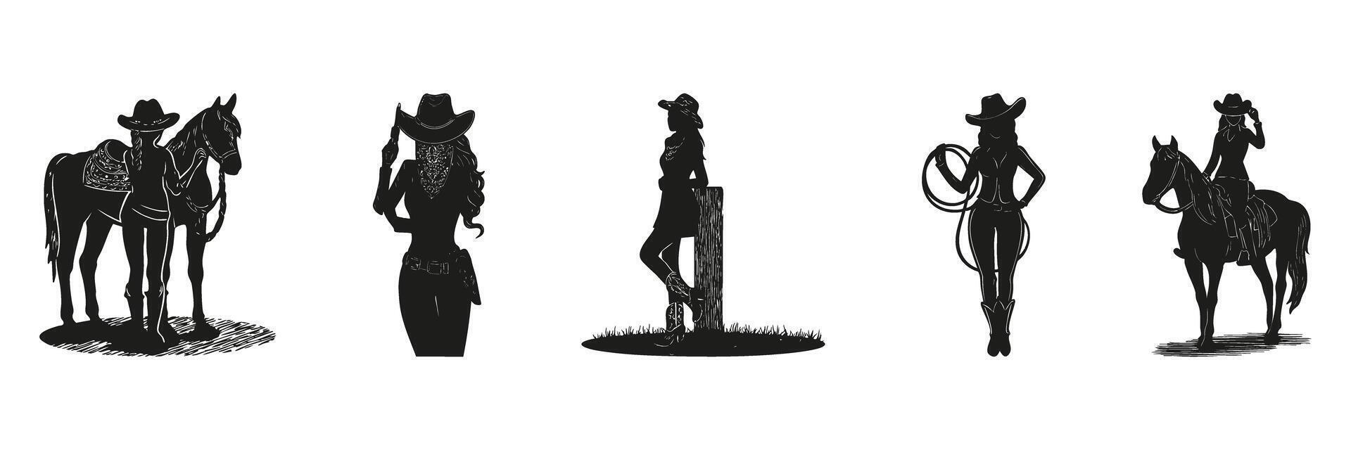 Cowgirl And Horse Silhouettes In Icon Set. Western Lifestyle And Rodeo Theme Collection. Cultural And Recreational Use. Isolated Illustration vector