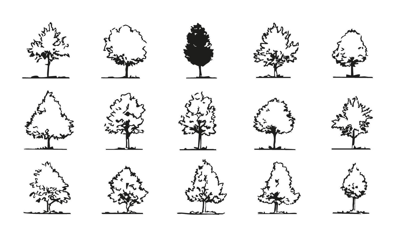Black and White Tree Silhouettes Collection. Landscape Architecture and Environmental Design Elements. Versatile and Artistic Use. Isolated Illustration vector