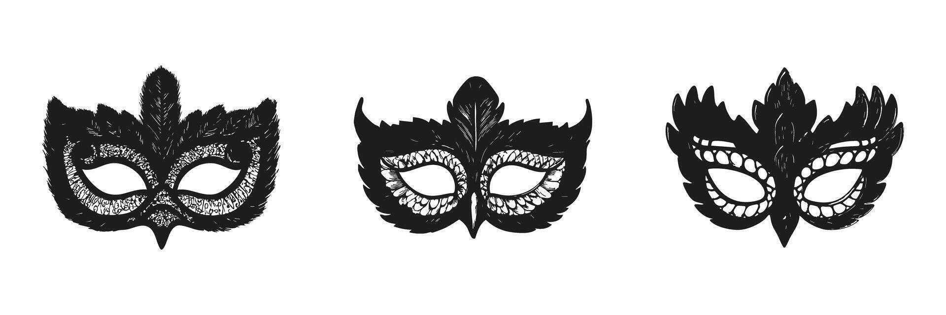 Feathered Masquerade Masks In Silhouette Set. Carnival And Costume Party Accessory Collection. Festive And Decorative Use. Isolated Illustration vector