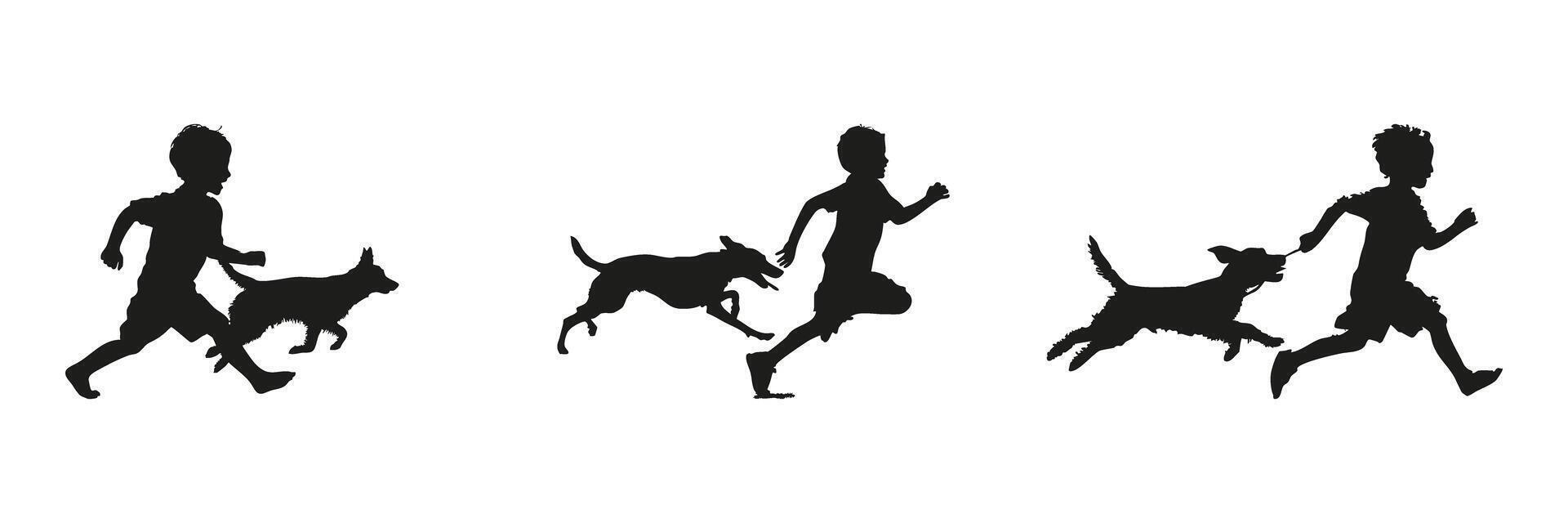 Child And Dog Running Silhouette Set. Playful Interaction And Outdoor Activity Symbol Collection. Recreational And Educational Use. Isolated Illustration vector