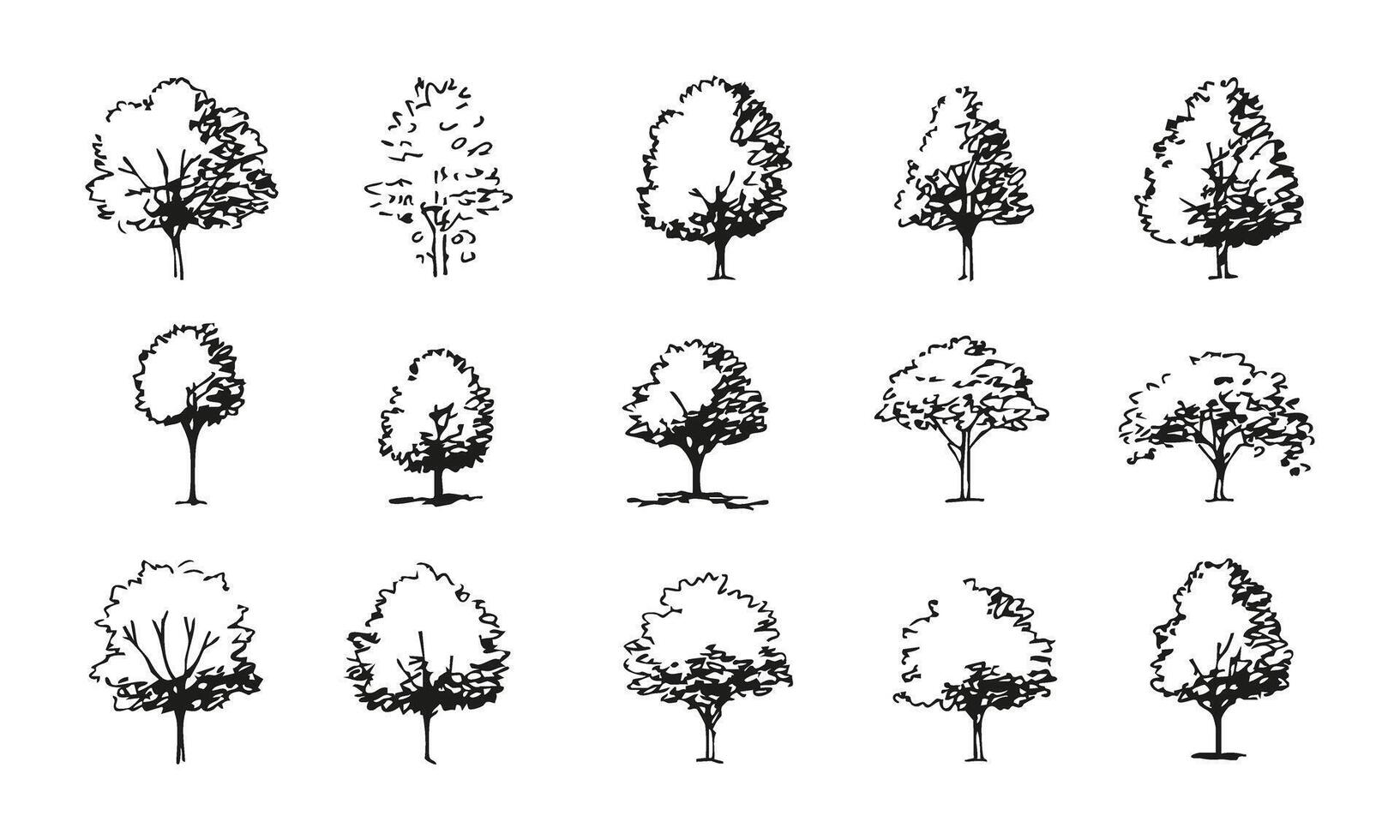 Black and White Tree Silhouettes Set. Landscape Architecture and Design Element Collection. Minimalist and Artistic Aesthetic. Isolated Illustration vector
