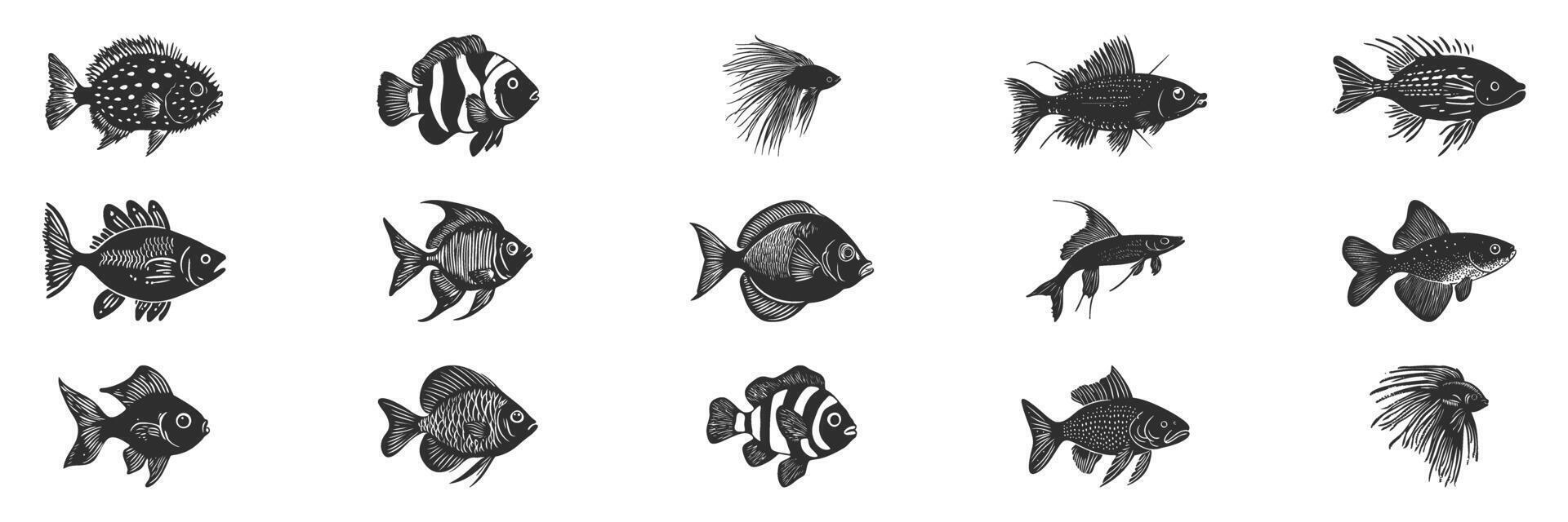 Fish Species Silhouette Set. Diverse Aquatic Life Illustrations For Marine Biology And Aquarium Design. Isolated Illustration Collection vector