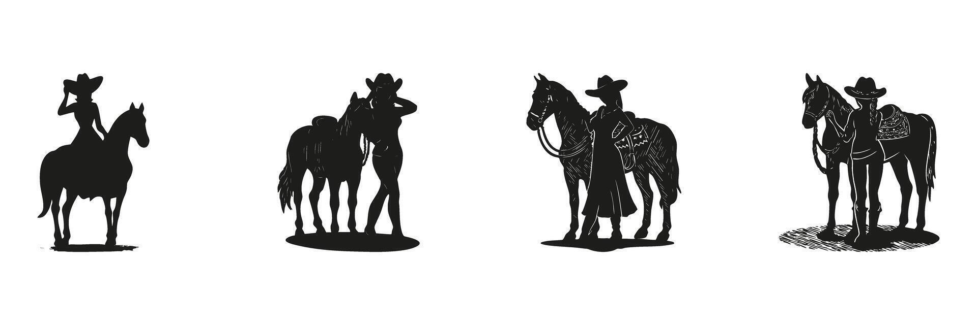Cowgirl And Horse Silhouettes In Icon Set. Western Lifestyle And Equestrian Activity Symbol Collection. Cultural And Recreational Use. Isolated Illustration vector