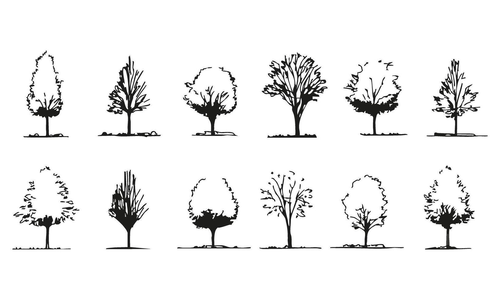 Black Silhouette Trees Collection. Landscape Architecture and Environmental Design Resource. Nature-Inspired Aesthetic. Isolated Illustration vector