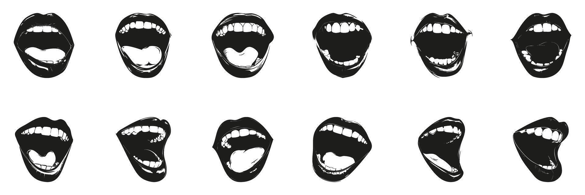 Open Mouth Expressions In Silhouette Set. Emotional Communication And Vocal Expression Symbol Collection. Artistic And Design Use. Isolated Illustration vector