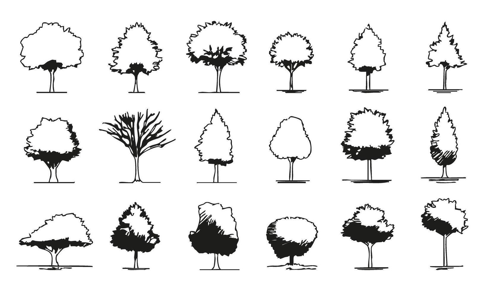 Tree Silhouettes and Outlines Collection. Urban Landscape and Architectural Design Elements Set. Isolated Illustration vector