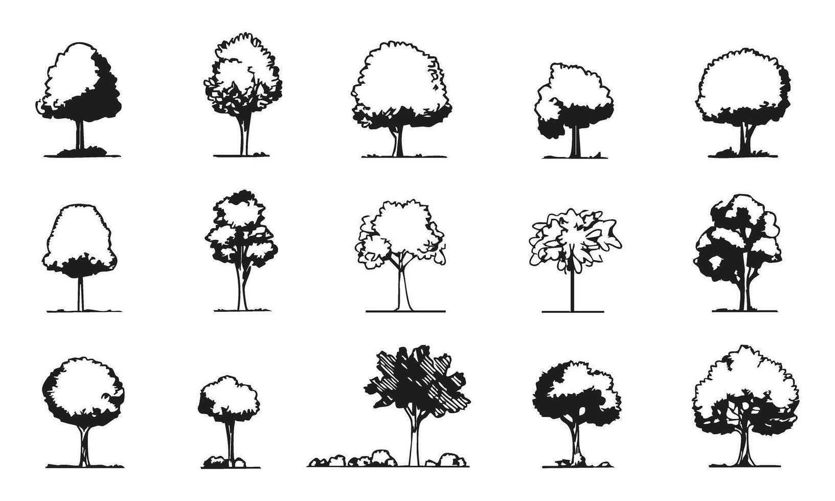 Diverse Tree Silhouettes in Black and White Illustration Set. Landscape Design and Architectural Planning Collection. Isolated Illustration vector