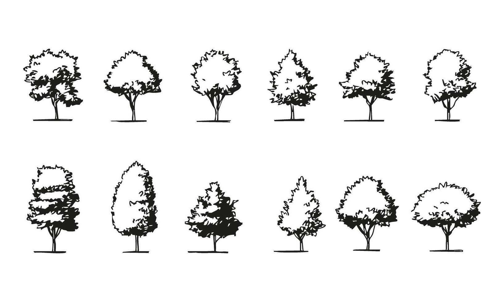 Black and White Tree Sketches Set. Architectural Landscape Design Elements Collection. Minimalist Aesthetic for Planning and Visualization. Isolated Illustration vector