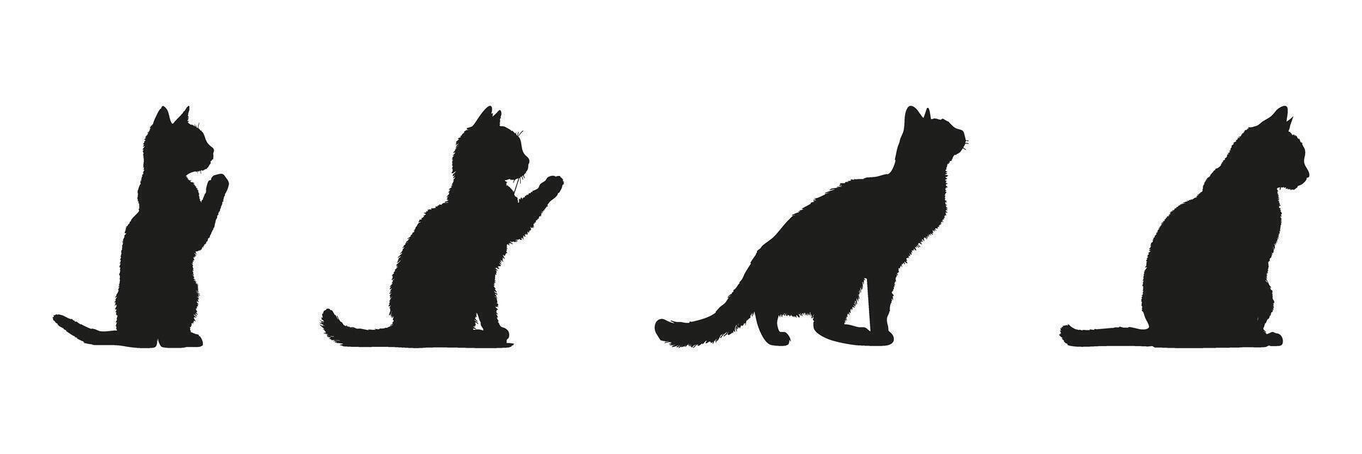 Cat Silhouettes In Solid Icon Set. Feline Behavior And Pet Observation Symbol Collection. Animal And Domestic Use. Isolated Illustration vector