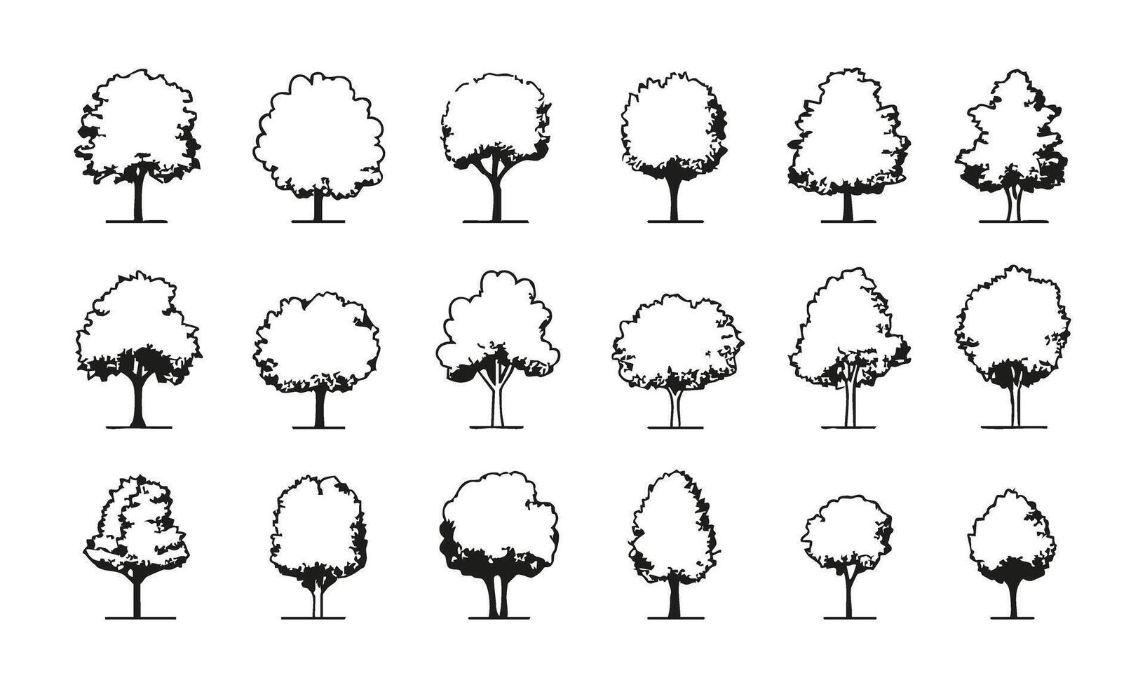 Silhouette Tree Variations Set. Landscape Design and Botanical Illustration Collection. Isolated Illustration vector