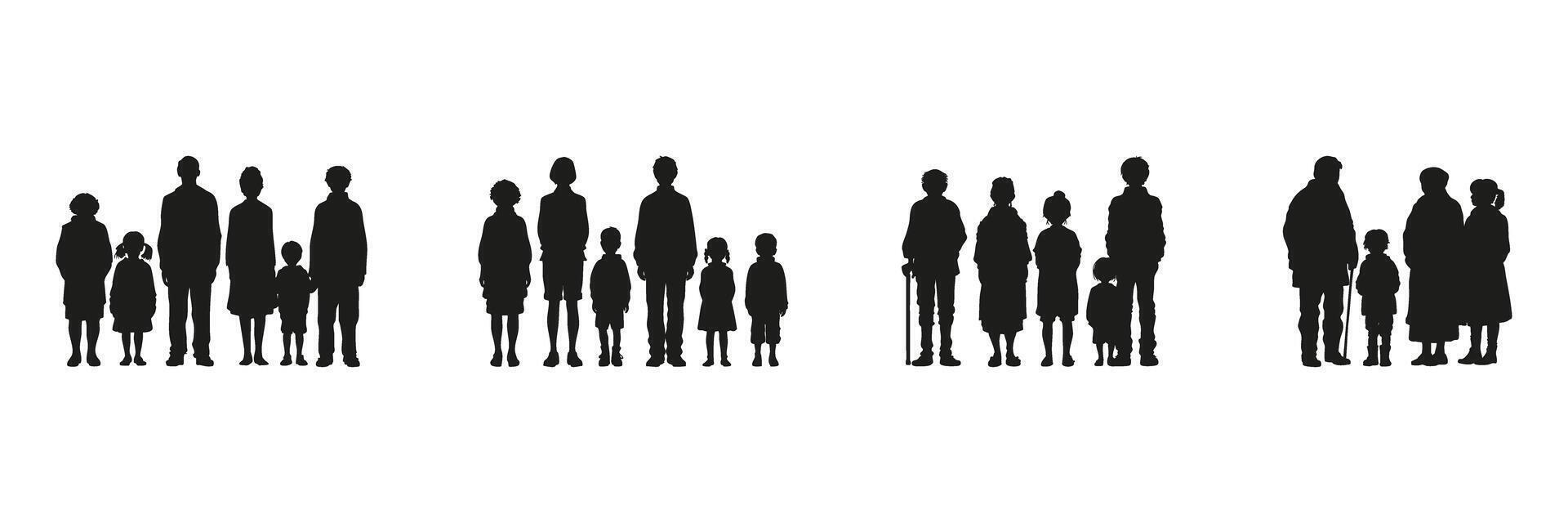 Family Group Silhouettes In Solid Icon Set. Generational Bonding And Social Connection Symbol Collection. Educational And Social Use. Isolated Illustration vector