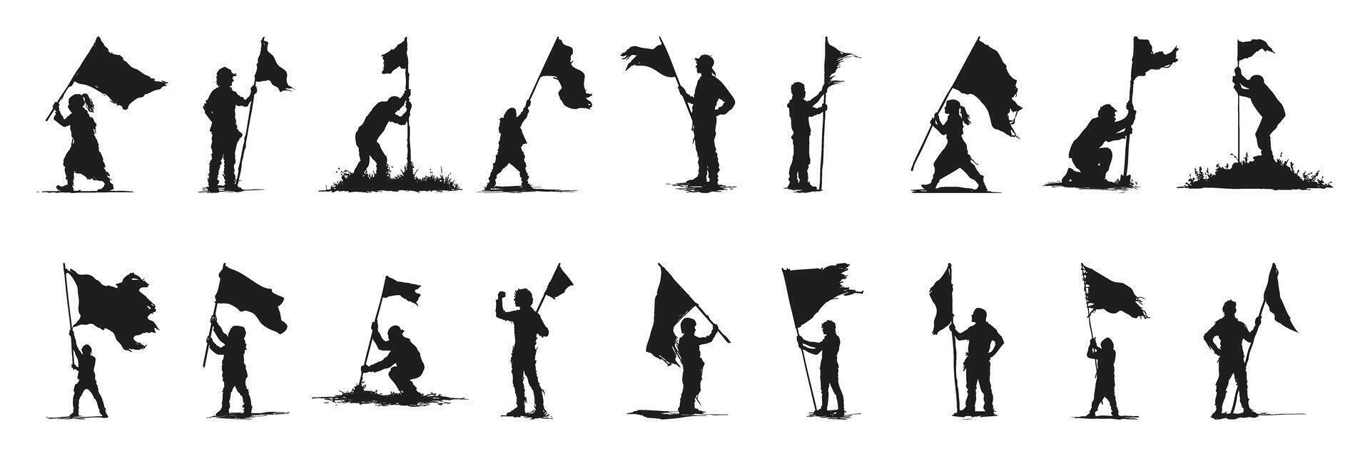 People Holding Flags In Silhouette Set. Protest And Celebration Symbol Collection. Social And Political Use. Isolated Illustration vector