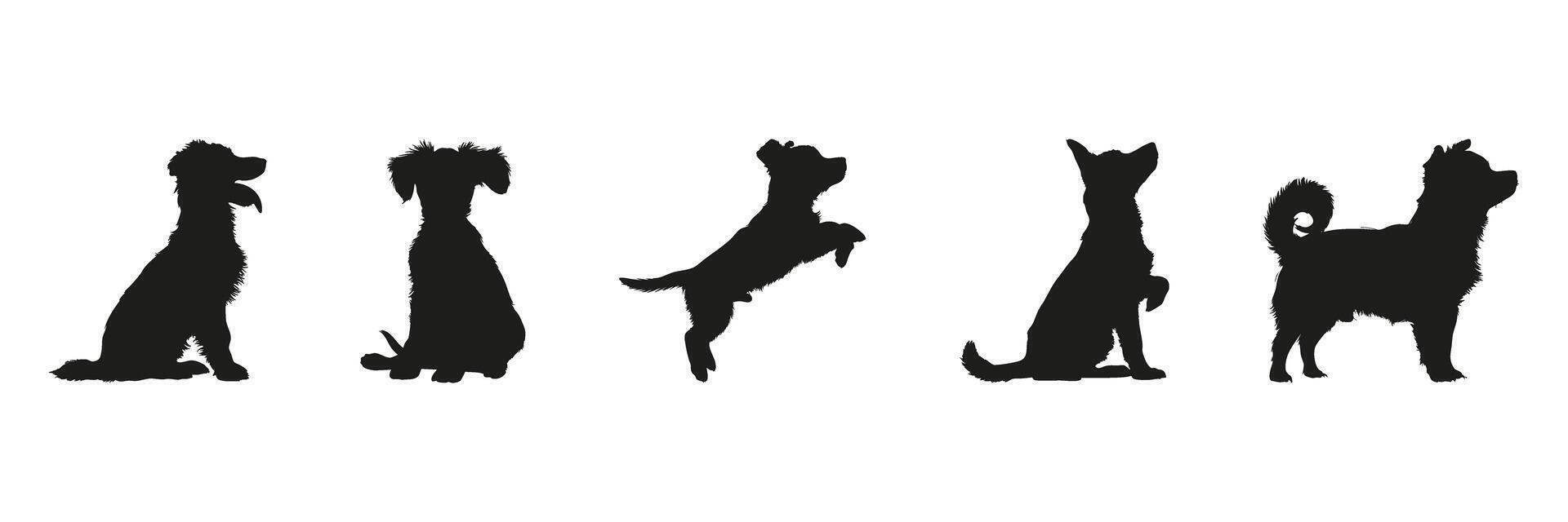 Dog Silhouettes In Solid Icon Set. Pet Behavior And Canine Activity Symbol Collection. Animal And Educational Use. Isolated Illustration vector