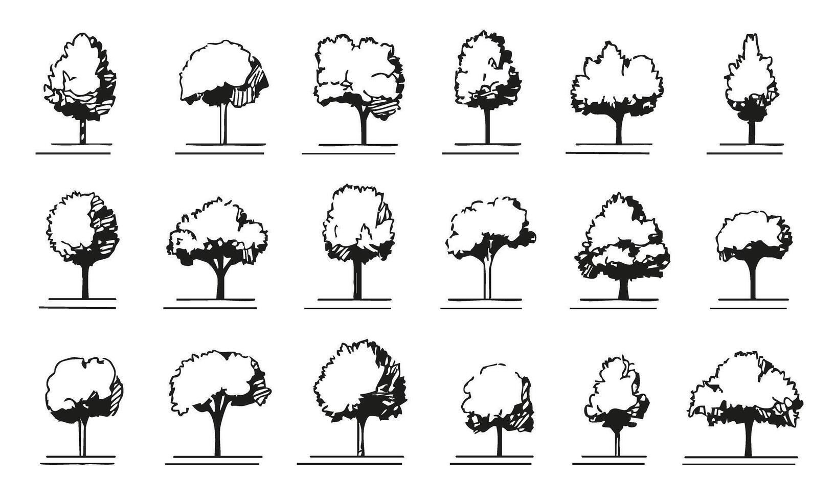 Black and White Tree Silhouettes Illustration Set. Landscape Architecture and Urban Planning Design Elements Collection. Isolated Illustration vector