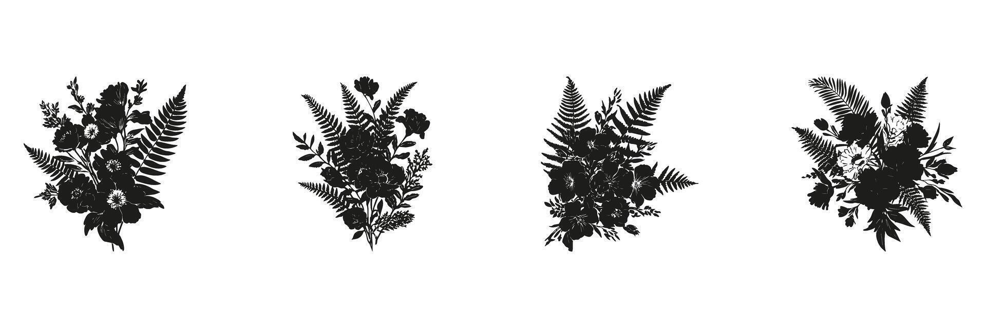 Floral Bouquet Silhouettes In Icon Set. Botanical Arrangement And Nature Design Collection. Decorative And Artistic Use. Isolated Illustration vector