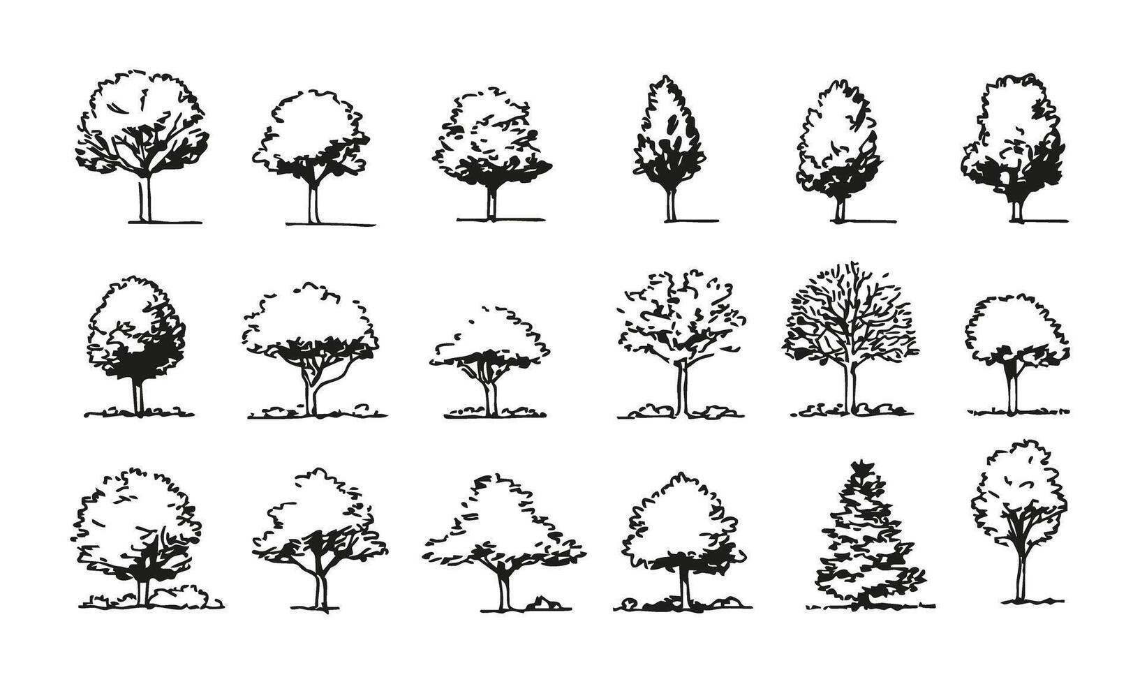 Black and White Tree Silhouette Collection. Landscape Architecture and Environmental Design Resource. Simple and Artistic Botanical Representation. Isolated Illustration vector