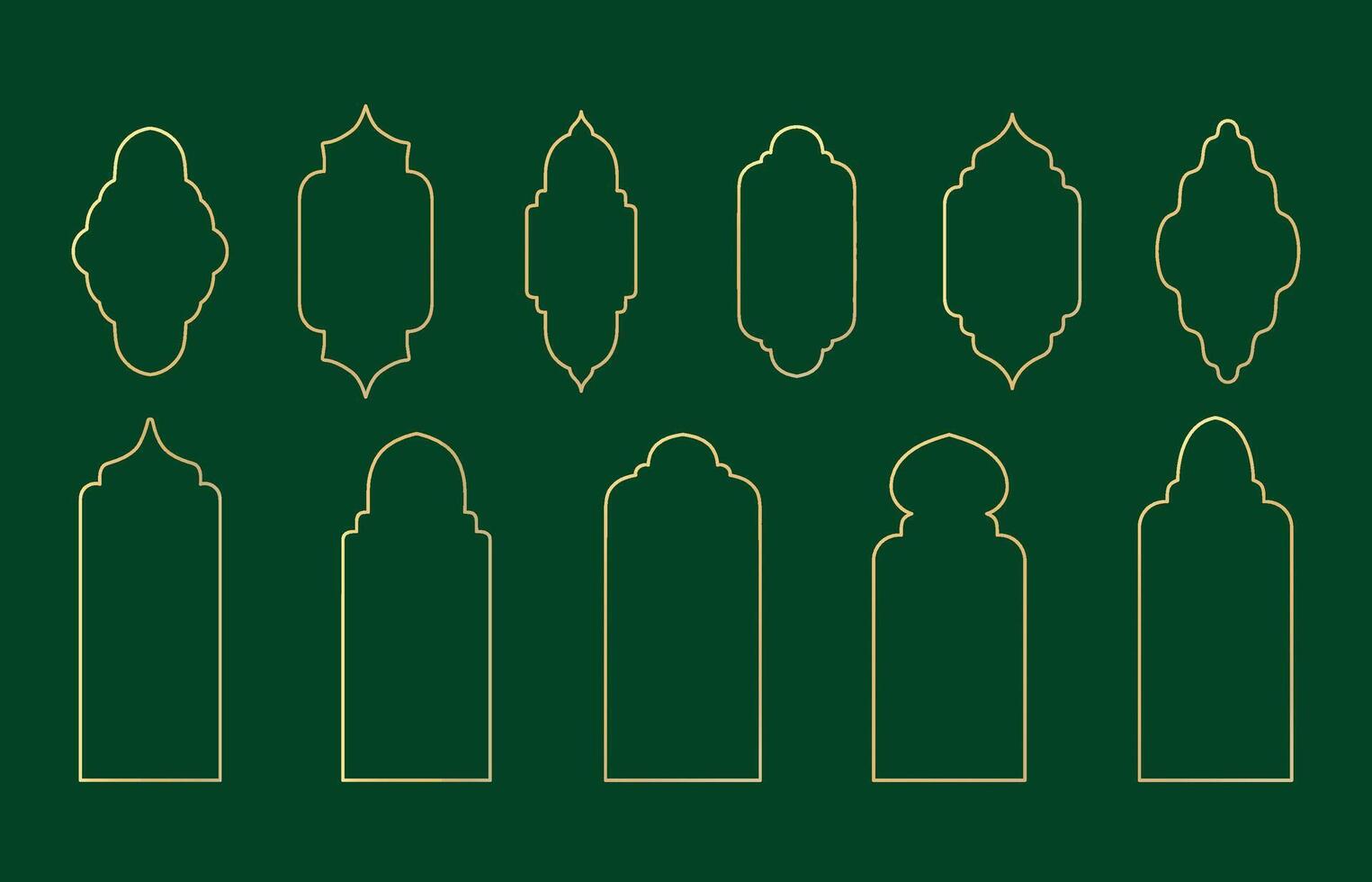 Ramadan golden frames set, window shape, design template, flat element. Collection of oriental style arab arches, illustrations vector