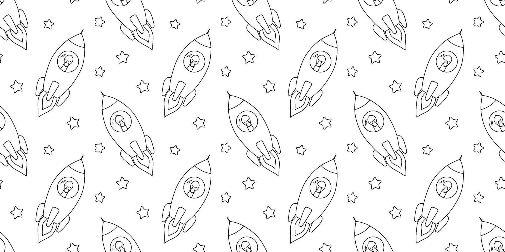 Seamless pattern with cute goose in rocket. outline monochrome repeat design on white background for kids and nursery vector