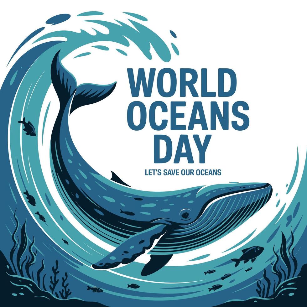 World Oceans Day Whale Illustration Save Marine Life Ocean Conservation Art vector