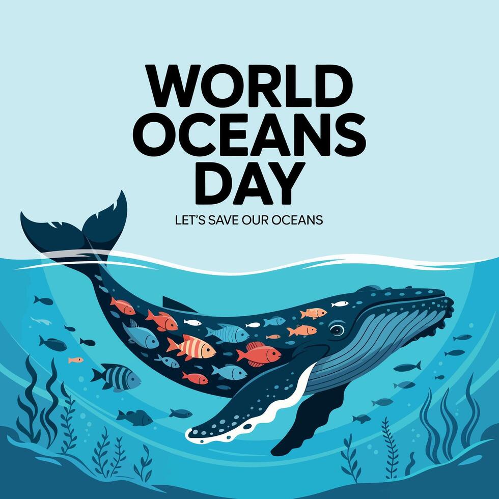 world oceans day poster with whale and fish vector