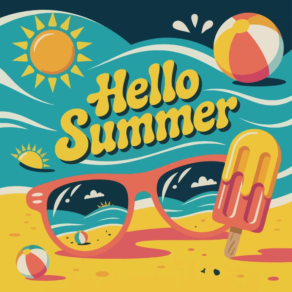 hello summer poster with sunglasses and ice cream vector