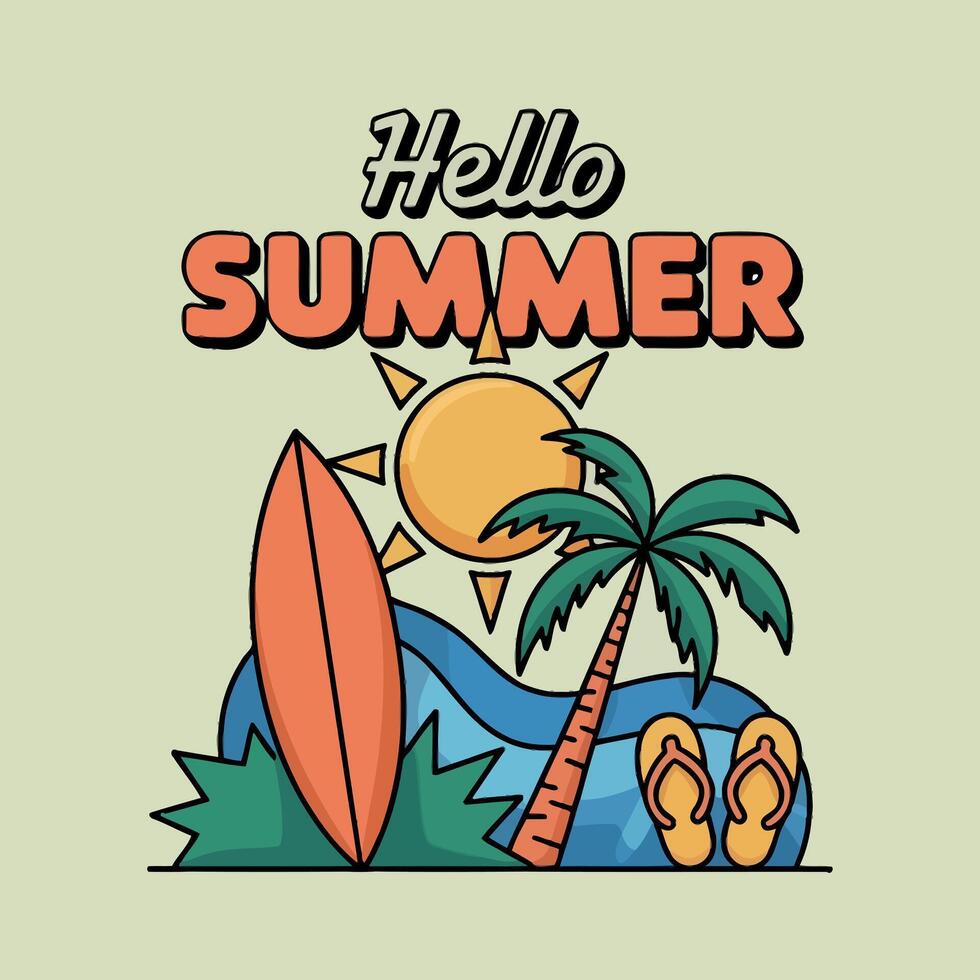 Hello Summer Beach Surfboard Palm Tree Flip Flop Sun Illustration vector