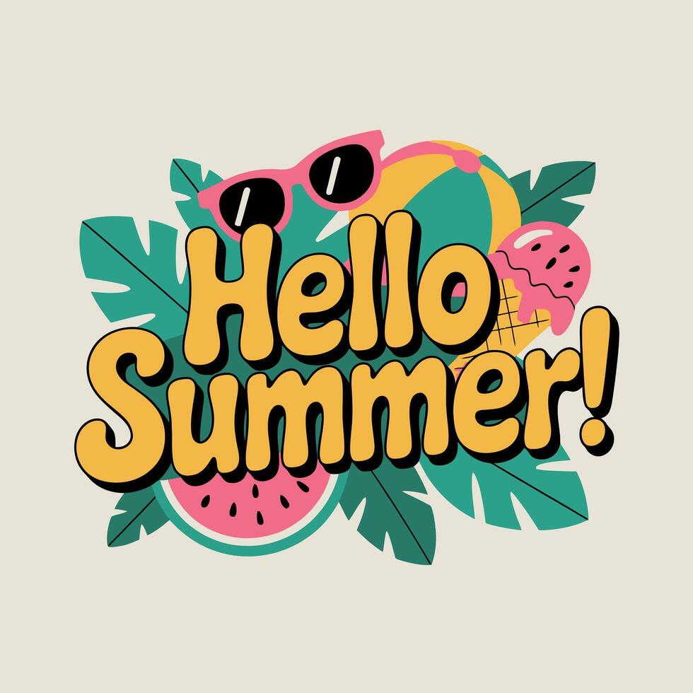hello summer lettering with watermelon, sunglasses and other items vector
