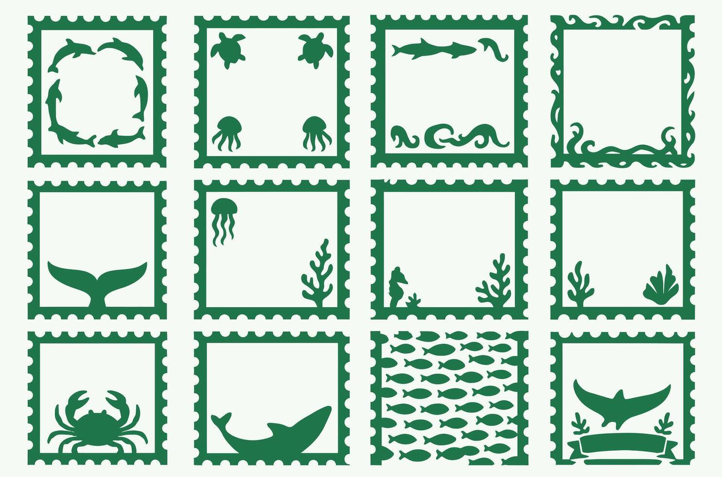 sea animals stamps set vector