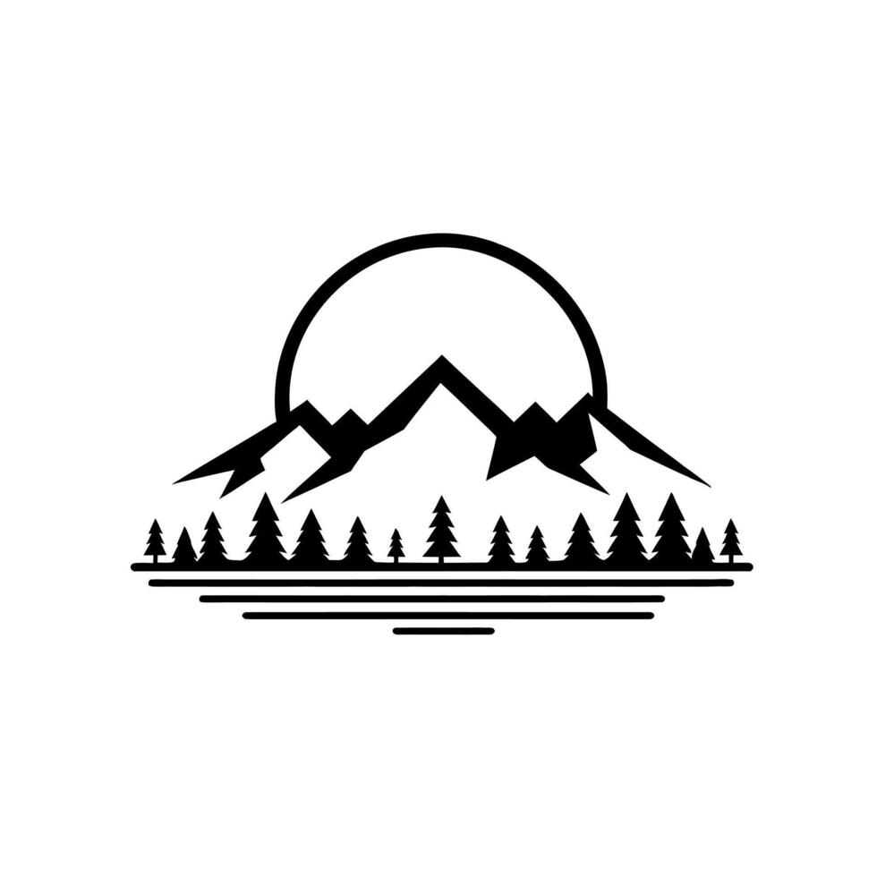 mountains and trees in the forest, black and white logo vector