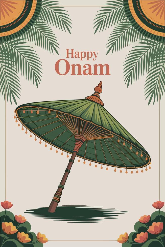 happy onam background with umbrella and palm leaves vector