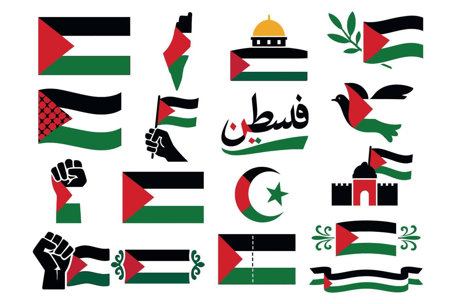 Palestine Flag Icons Set with Symbols of Resistance and Freedom vector