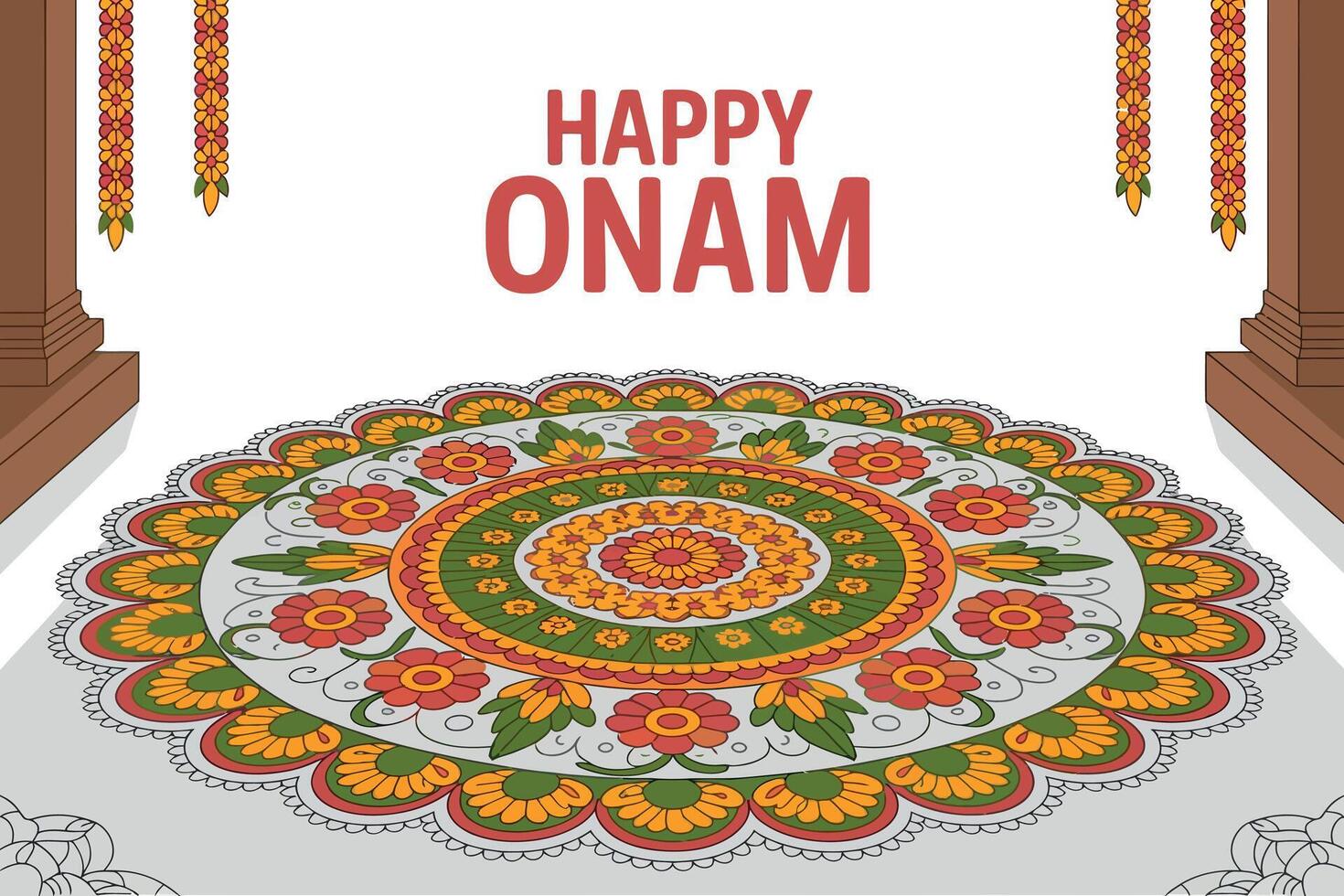 happy onam greeting card with rangoli design vector