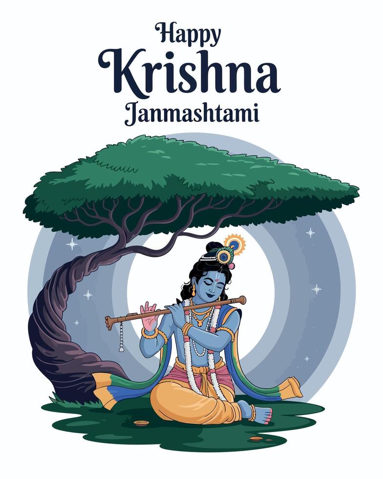 Happy Krishna Janmashtami with Lord Krishna Playing Flute design vector