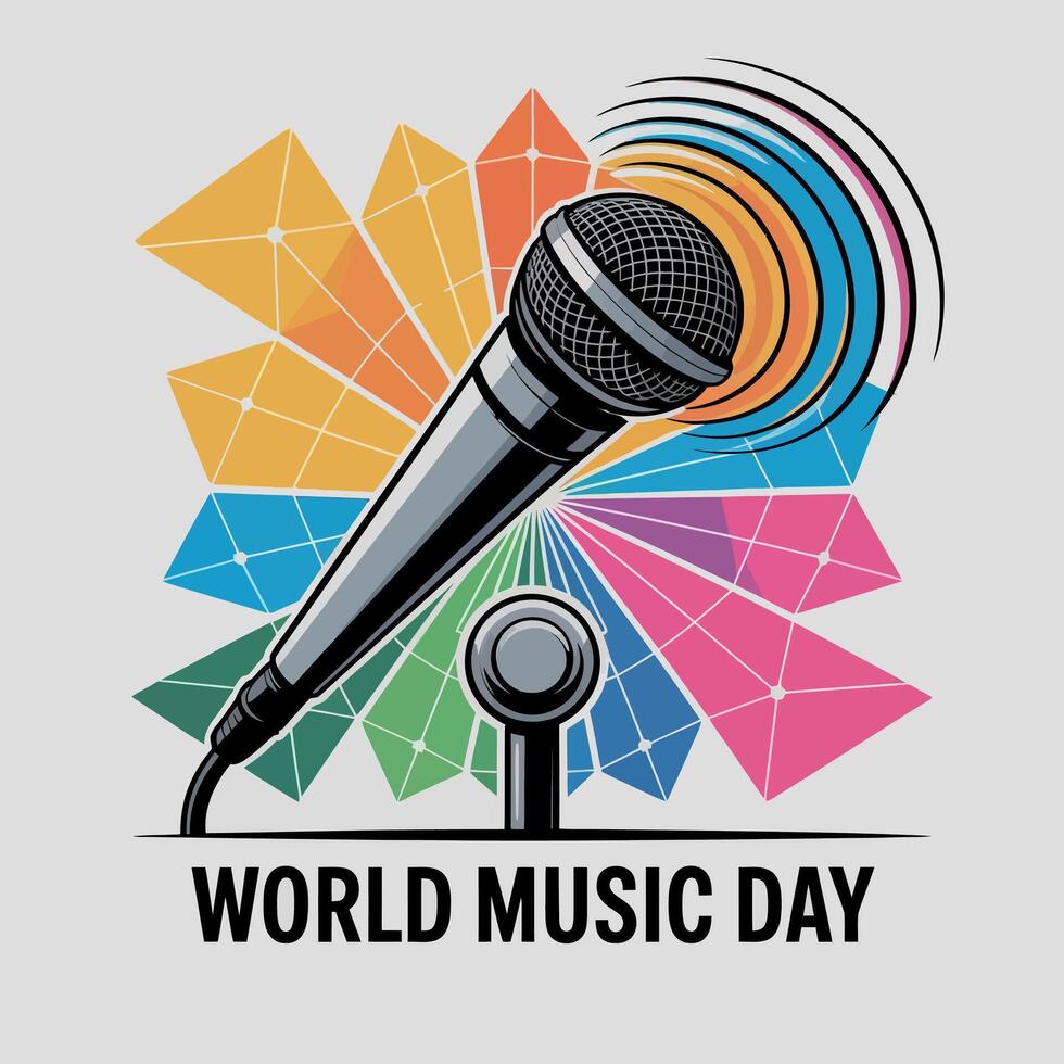 world music day logo with microphone and colorful background vector
