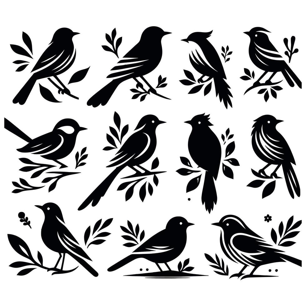 birds on branches set of illustration vector