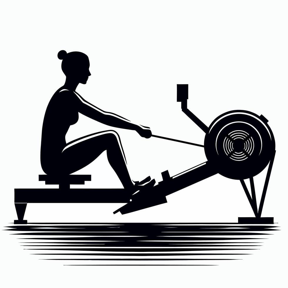 the silhouette of a woman on a rowing machine vector