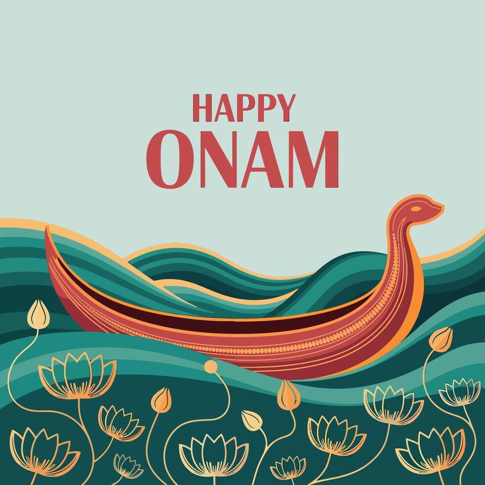 Happy Onam Decorative Snake Boat Illustration with Floral and Wave Motifs vector