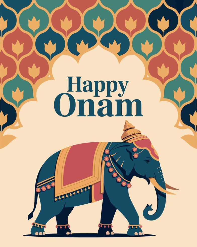 Happy Onam Greeting with Decorated Elephant and Traditional vector