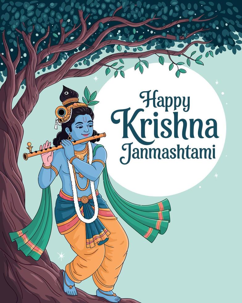 Happy Krishna Janmashtami with Lord Krishna Playing Flute Under Tree vector