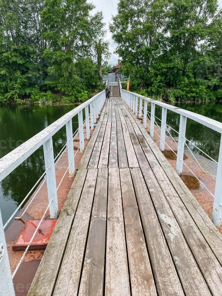 A serene, rustic wooden dock gracefully overlooks the calm, serene water, which is beautifully surrounded by vibrant, lush greenery that creates a perfect, tranquil escape into natures embrace photo