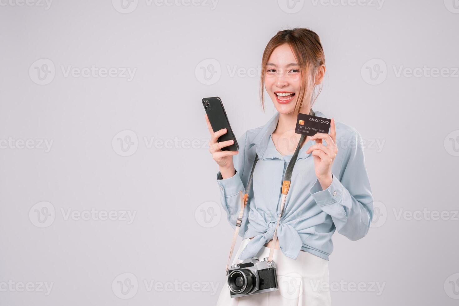 Asian Woman Tourist Trip Using Credit Payment Journey Promotion Transport Application Delivery Pay photo